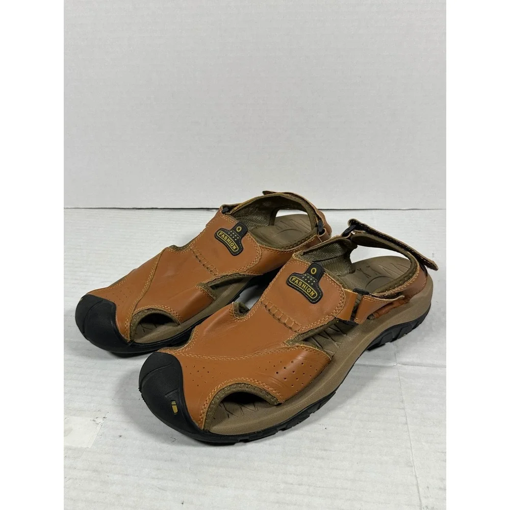 Fashion Mens Tan Brown Closed Toe Sport Hiking Sandals Size 47 Adjustable Strap